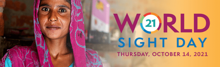 Woman with Magenta and Blue Headscarf and Combat Blindness International World Sight Day 2021 logo